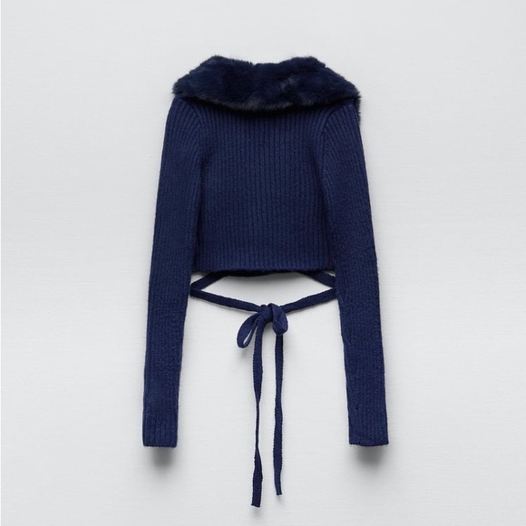 Zara Navy Blue Wool Blend Faux Fur Lapel Collar Knit Cardigan - Picture 15 of 17